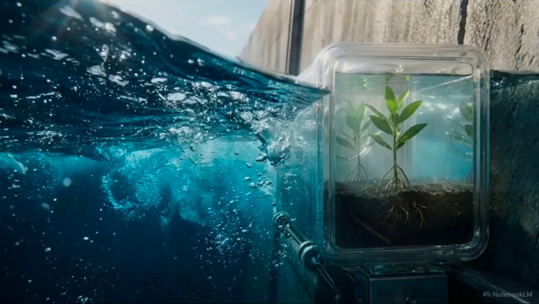 Mangrove seedling in a protective pod submerged against a sea wall